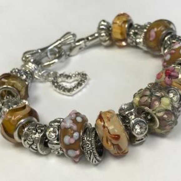 European Style Charm Bracelet with Murano Glass Beads, Toggle Clasp+Stopper,7.9" - Picture 4 of 13
